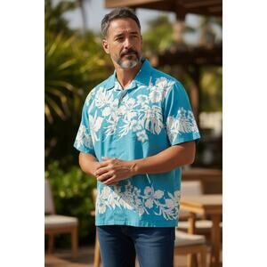 Shoreline Hawaii Turquoise and White Floral Shirt Size XL